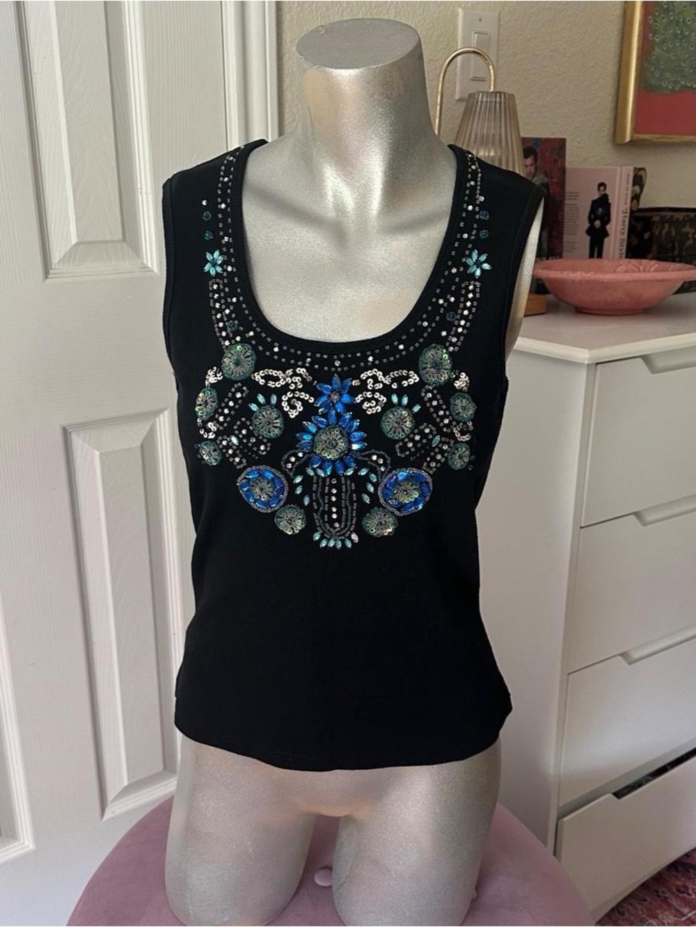 Only Nine Black Blue & Green Indian Kardana Style Sequin Beaded Tank